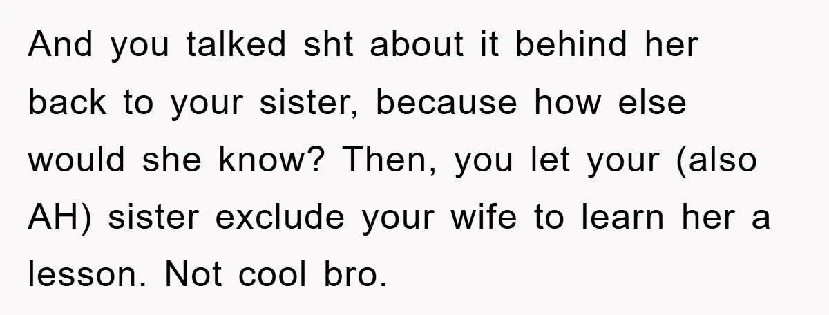 And you talked sht about it behind her back to your sister, because how else would she know? Then, you let your (also AH) sister exclude your wife to learn...
