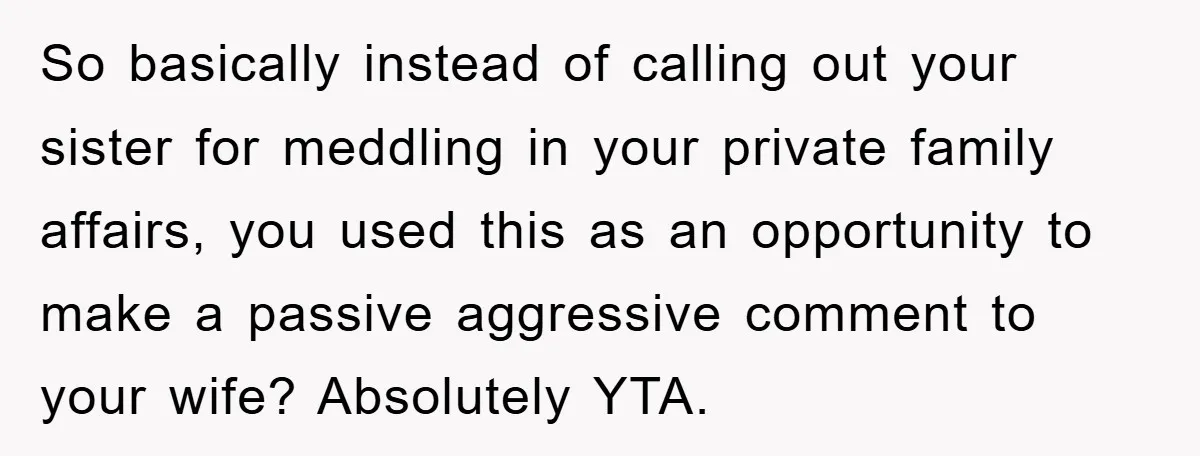 So basically instead of calling out your sister for meddling in your private family affairs, you used this as an opportunity to make a passive aggressive comment to your wife?...
