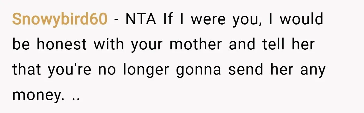 Snowybird60 − NTA If I were you, I would be honest with your mother and tell her that you're no longer gonna send her any money. ..