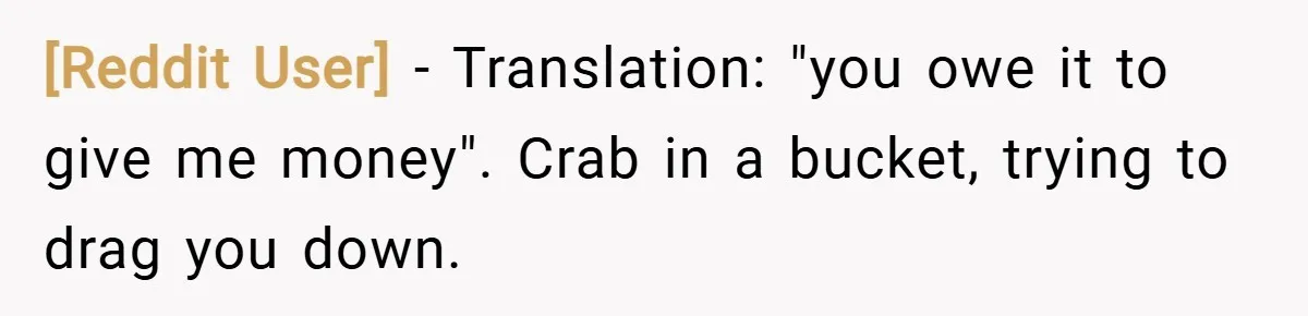 [Reddit User] − Translation: "you owe it to give me money". Crab in a bucket, trying to drag you down.