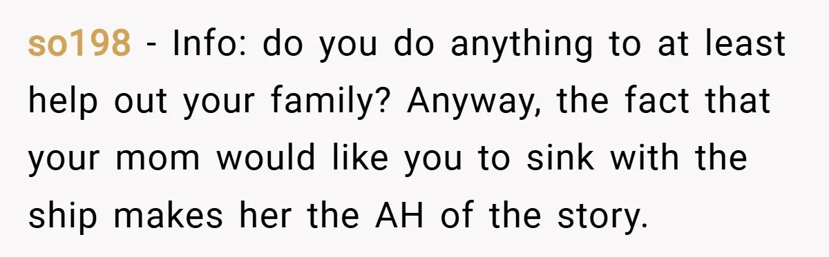 so198 − Info: do you do anything to at least help out your family? Anyway, the fact that your mom would like you to sink with the ship makes her...