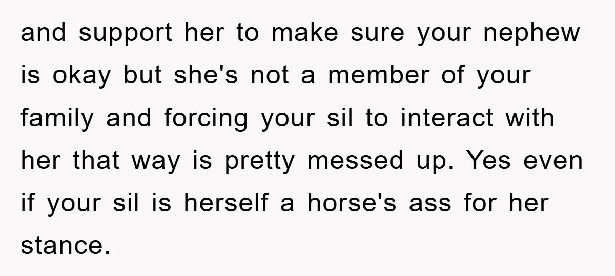 and support her to make sure your nephew is okay but she's not a member of your family and forcing your sil to interact with her that way is pretty...