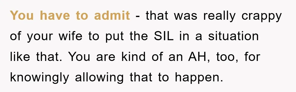You have to admit - that was really crappy of your wife to put the SIL in a situation like that. You are kind of an AH, too, for knowingly...