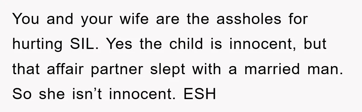 You and your wife are the assholes for hurting SIL. Yes the child is innocent, but that affair partner slept with a married man. So she isn’t innocent. ESH