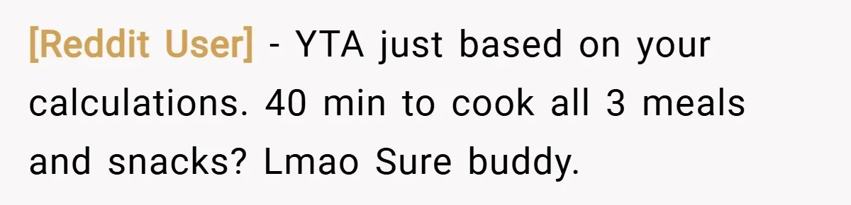 [Reddit User] − YTA just based on your calculations. 40 min to cook all 3 meals and snacks? Lmao Sure buddy.