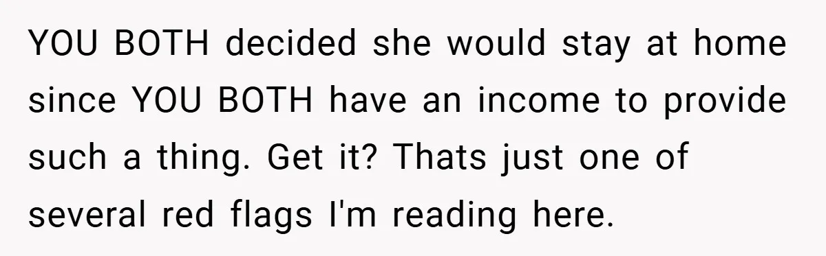 YOU BOTH decided she would stay at home since YOU BOTH have an income to provide such a thing. Get it? Thats just one of several red flags I'm reading...