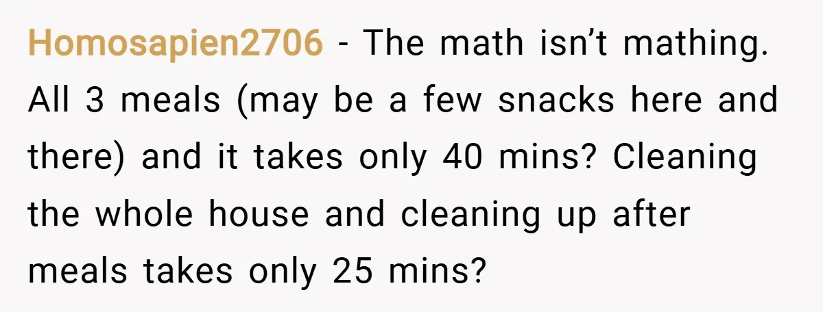 Homosapien2706 − The math isn’t mathing. All 3 meals (may be a few snacks here and there) and it takes only 40 mins? Cleaning the whole house and cleaning up...