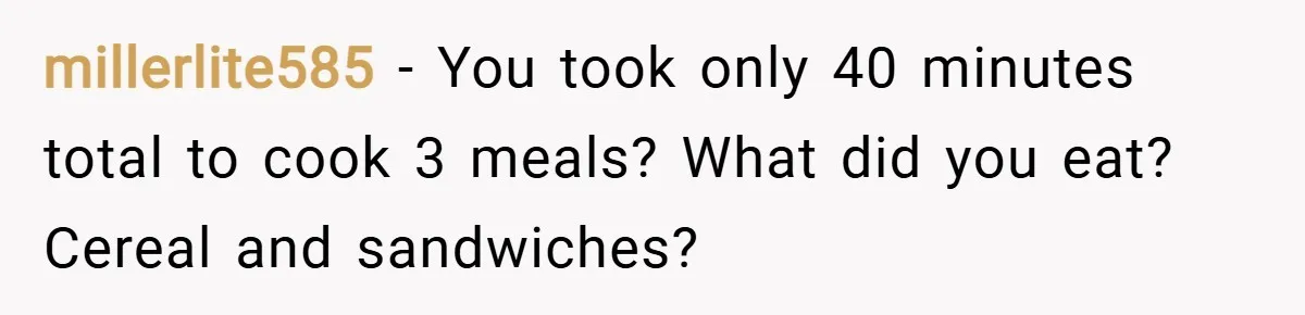 millerlite585 − You took only 40 minutes total to cook 3 meals? What did you eat? Cereal and sandwiches?