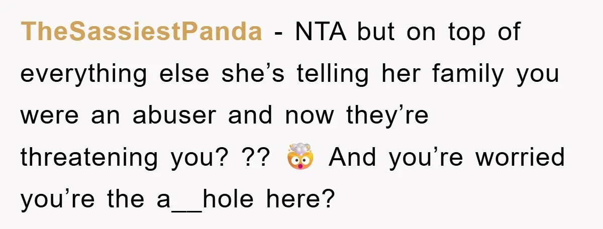 TheSassiestPanda − NTA but on top of everything else she’s telling her family you were an abuser and now they’re threatening you? ?? 🤯 And you’re worried you’re the a__hole...
