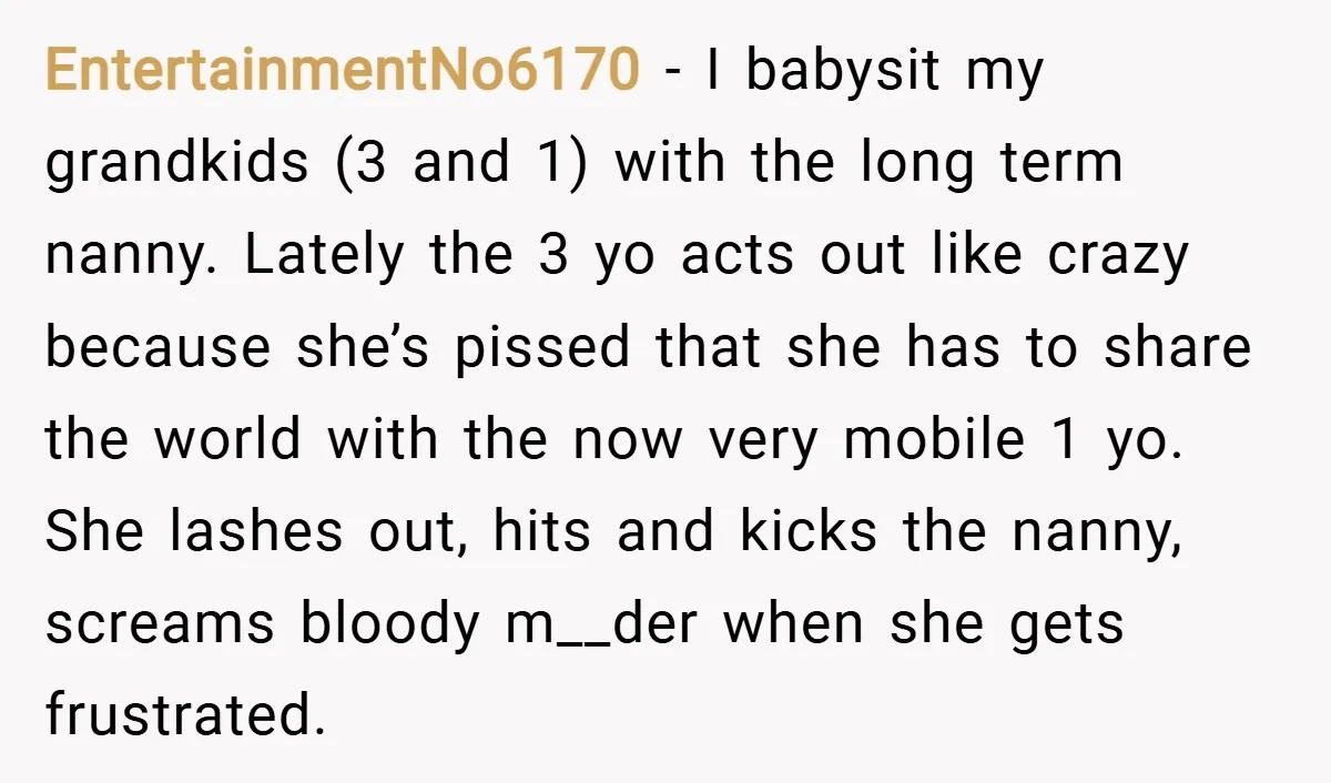 EntertainmentNo6170 − I babysit my grandkids (3 and 1) with the long term nanny. Lately the 3 yo acts out like crazy because she’s pissed that she has to share...
