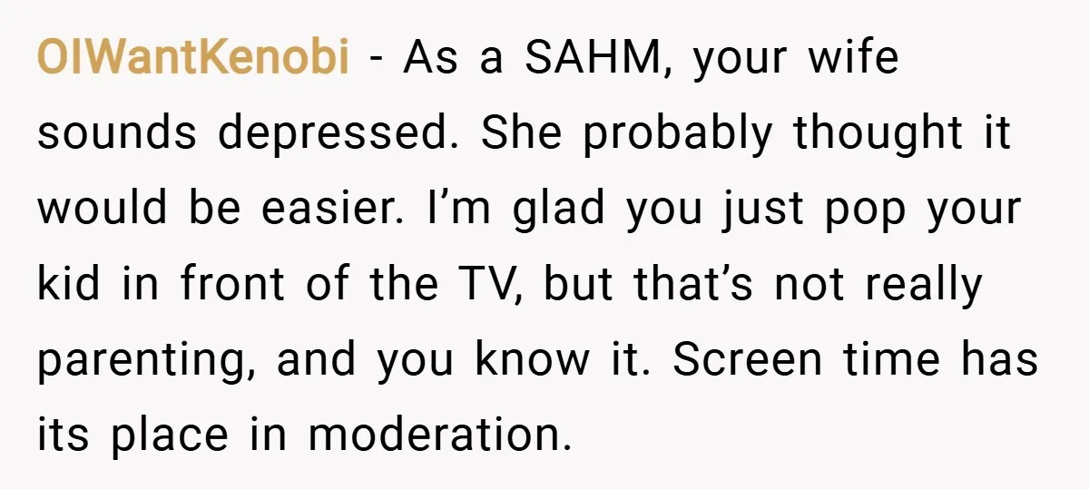 OIWantKenobi − As a SAHM, your wife sounds depressed. She probably thought it would be easier. I’m glad you just pop your kid in front of the TV, but that’s...