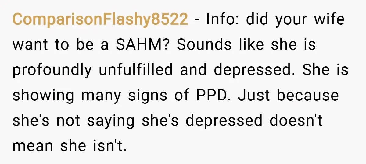 ComparisonFlashy8522 − Info: did your wife want to be a SAHM? Sounds like she is profoundly unfulfilled and depressed. She is showing many signs of PPD. Just because she's not...