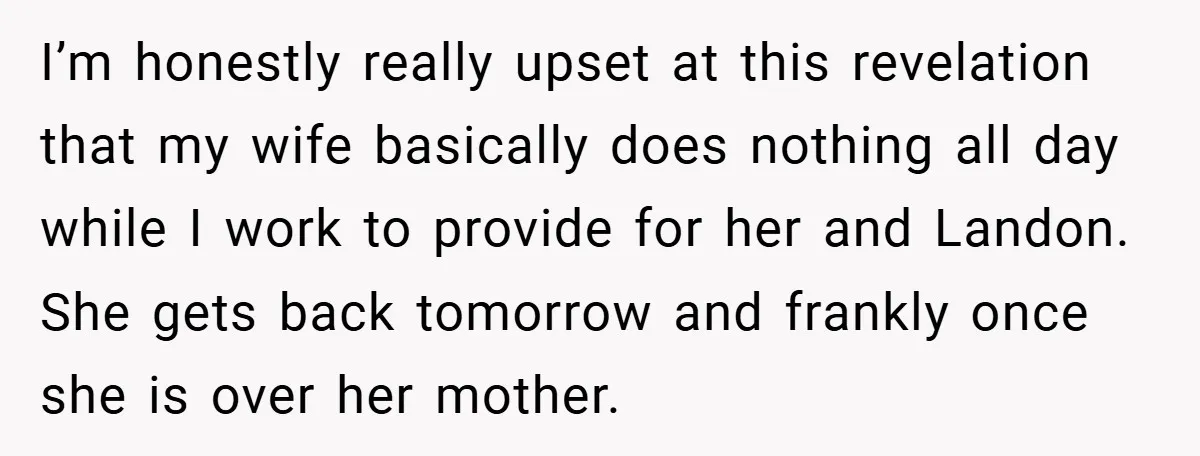 I’m honestly really upset at this revelation that my wife basically does nothing all day while I work to provide for her and Landon. She gets back tomorrow and frankly...