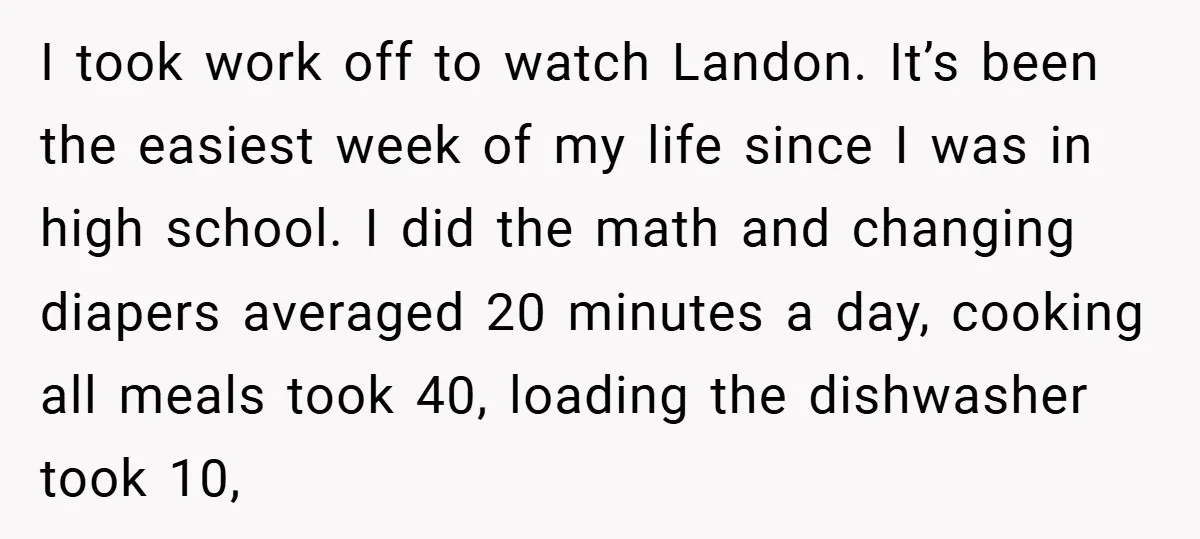 I took work off to watch Landon. It’s been the easiest week of my life since I was in high school. I did the math and changing diapers averaged 20...