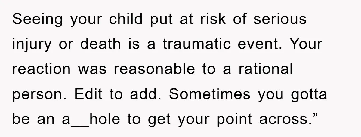 Seeing your child put at risk of serious injury or death is a traumatic event. Your reaction was reasonable to a rational person. Edit to add. Sometimes you gotta be...