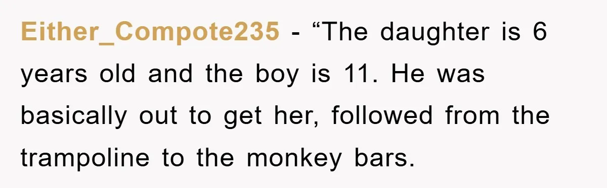 Either_Compote235 - “The daughter is 6 years old and the boy is 11. He was basically out to get her, followed from the trampoline to the monkey bars.