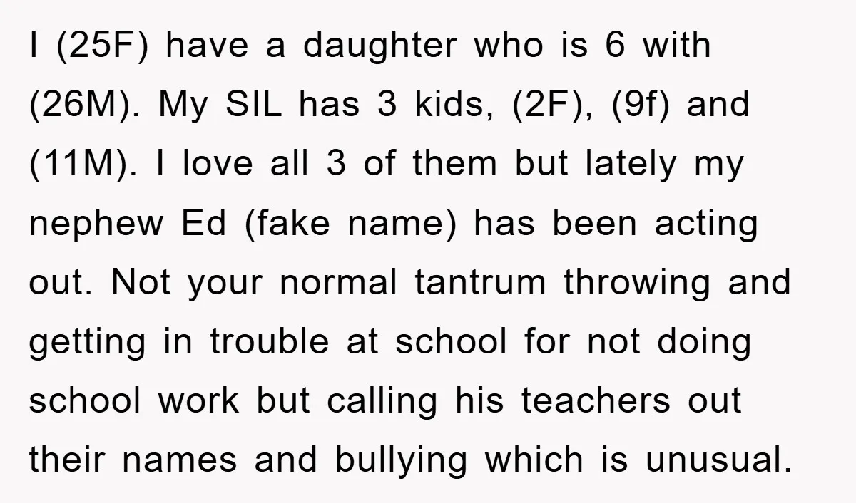 I (25F) have a daughter who is 6 with (26M). My SIL has 3 kids, (2F), (9f) and (11M). I love all 3 of them but lately my nephew Ed...