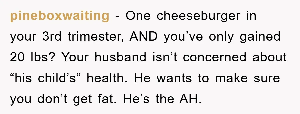 pineboxwaiting − One cheeseburger in your 3rd trimester, AND you’ve only gained 20 lbs? Your husband isn’t concerned about “his child’s” health. He wants to make sure you don’t get...