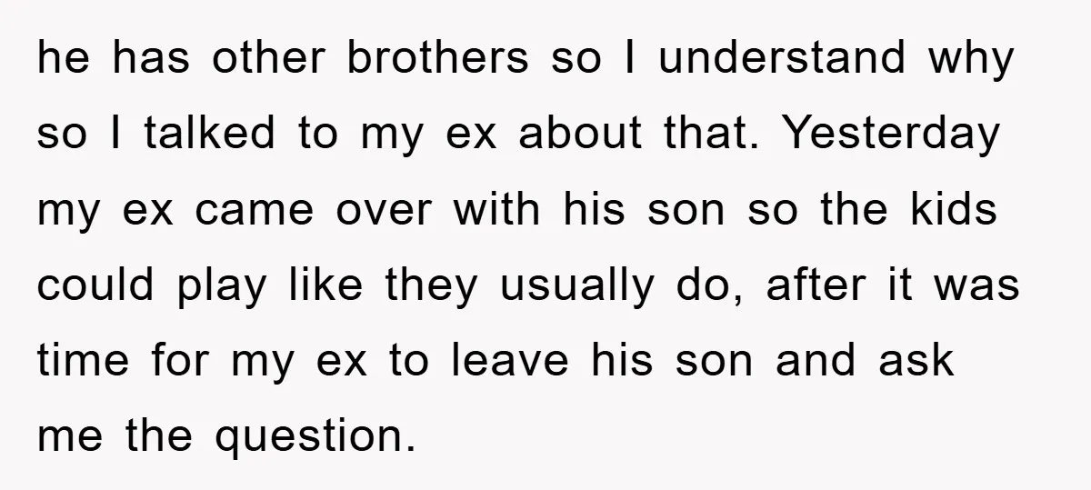he has other brothers so I understand why so I talked to my ex about that. Yesterday my ex came over with his son so the kids could play like...