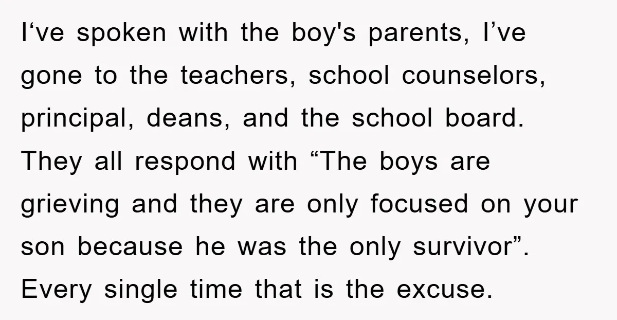 I‘ve spoken with the boy's parents, I’ve gone to the teachers, school counselors, principal, deans, and the school board. They all respond with “The boys are grieving and they are...