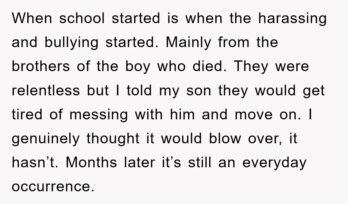 When school started is when the harassing and bullying started. Mainly from the brothers of the boy who died. They were relentless but I told my son they would get...
