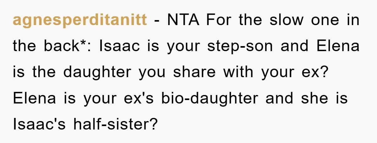 agnesperditanitt − NTA For the slow one in the back*: Isaac is your step-son and Elena is the daughter you share with your ex? Elena is your ex's bio-daughter and...