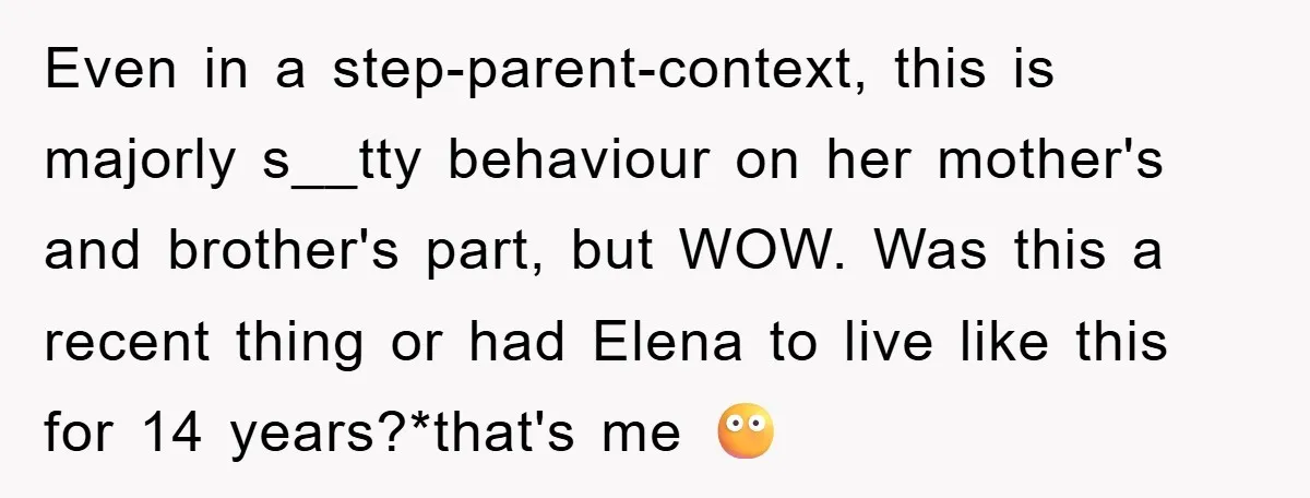 Even in a step-parent-context, this is majorly s__tty behaviour on her mother's and brother's part, but WOW. Was this a recent thing or had Elena to live like this for...