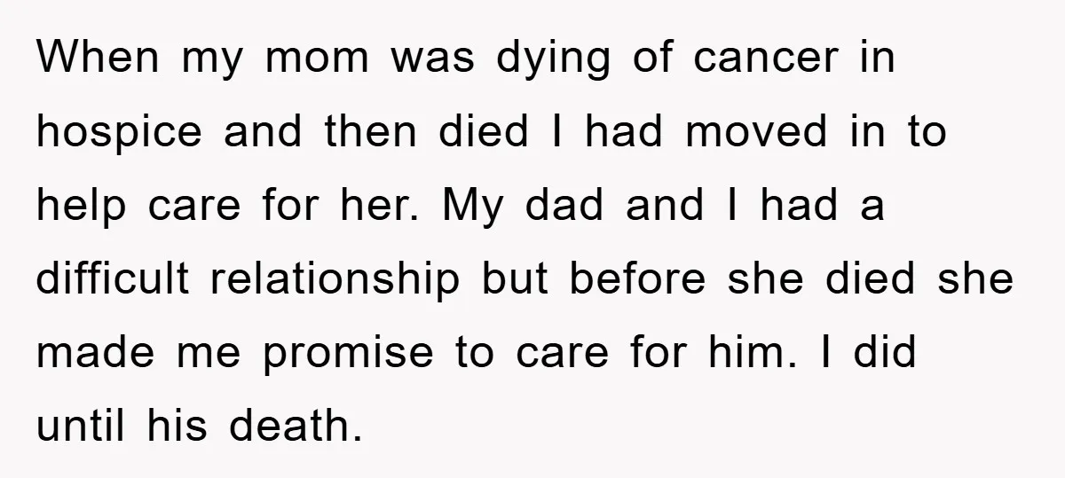 When my mom was dying of cancer in hospice and then died I had moved in to help care for her. My dad and I had a difficult relationship but...