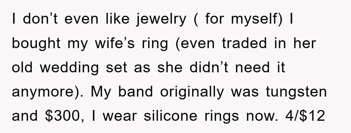 I don’t even like jewelry ( for myself) I bought my wife’s ring (even traded in her old wedding set as she didn’t need it anymore). My band originally was...