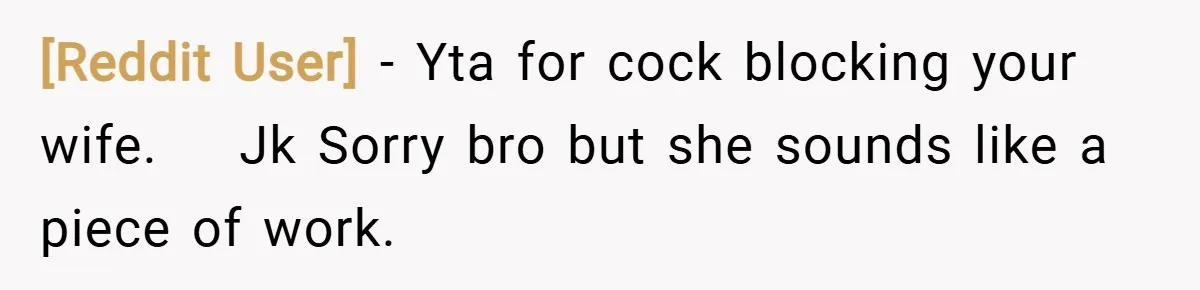 [Reddit User] − Yta for cock blocking your wife.    Jk Sorry bro but she sounds like a piece of work.