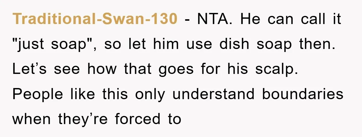 Traditional-Swan-130 − NTA. He can call it "just soap", so let him use dish soap then. Let’s see how that goes for his scalp. People like this only understand boundaries...