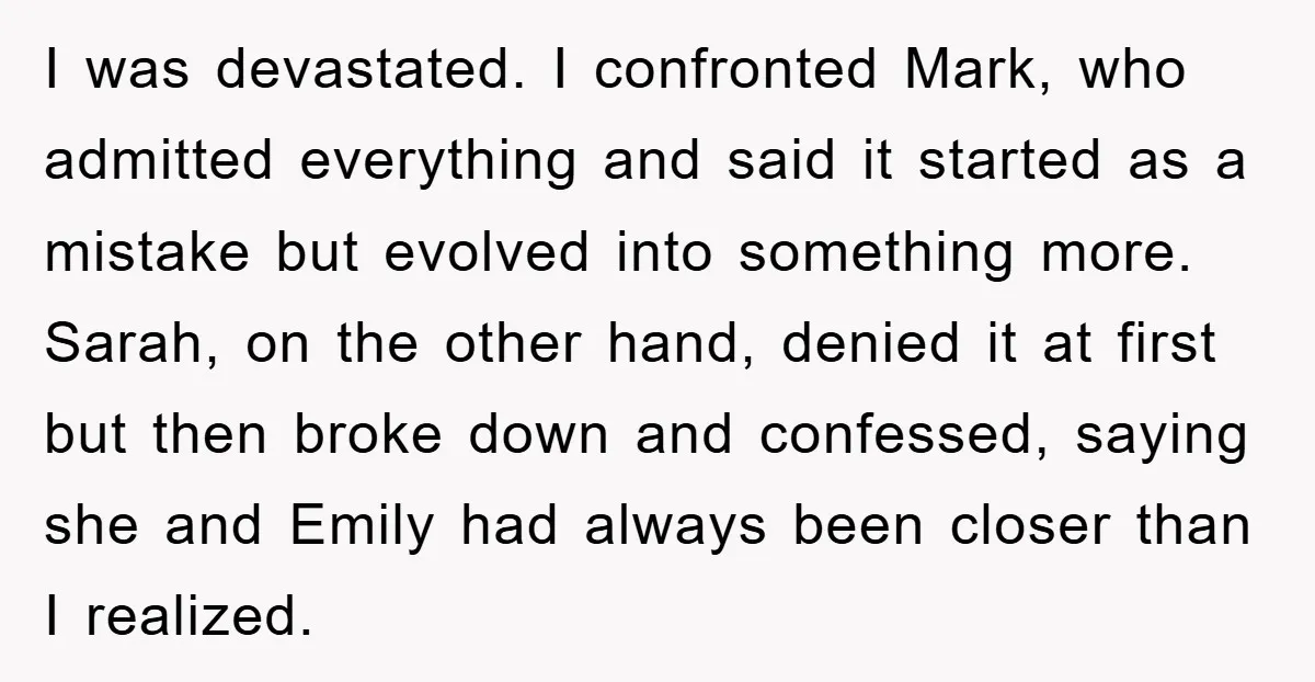 I was devastated. I confronted Mark, who admitted everything and said it started as a mistake but evolved into something more. Sarah, on the other hand, denied it at first...