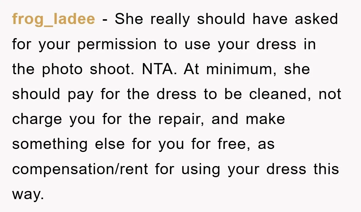 frog_ladee − She really should have asked for your permission to use your dress in the photo shoot. NTA. At minimum, she should pay for the dress to be cleaned,...