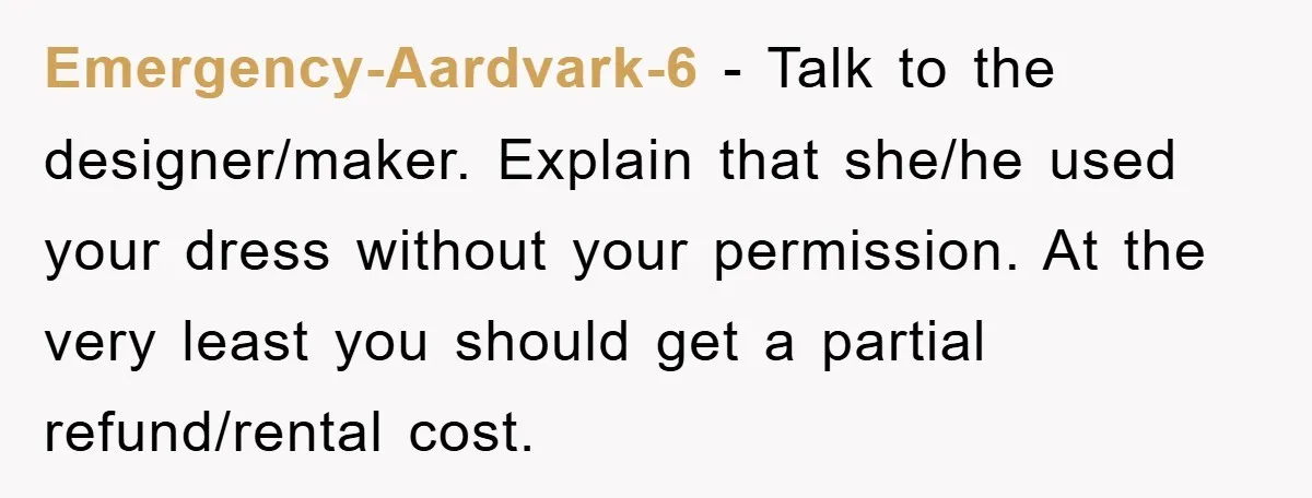 Emergency-Aardvark-6 − Talk to the designer/maker. Explain that she/he used your dress without your permission. At the very least you should get a partial refund/rental cost.