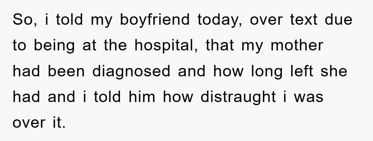 So, i told my boyfriend today, over text due to being at the hospital, that my mother had been diagnosed and how long left she had and i told him...