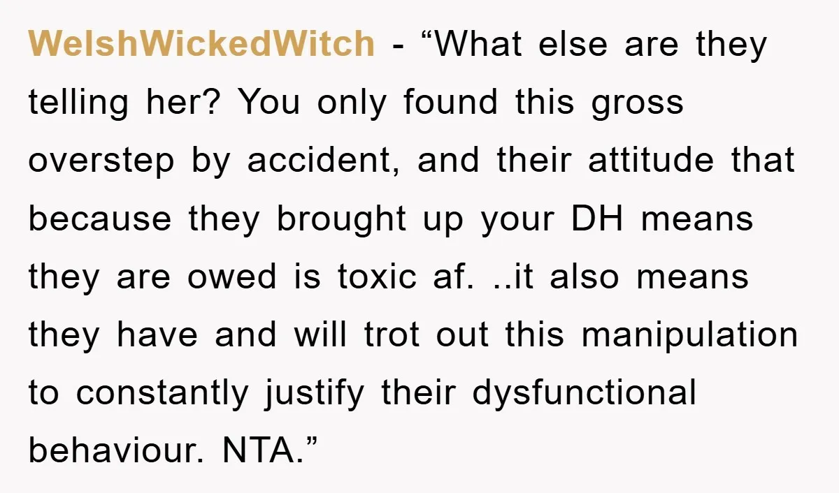 WelshWickedWitch - “What else are they telling her? You only found this gross overstep by accident, and their attitude that because they brought up your DH means they are owed...