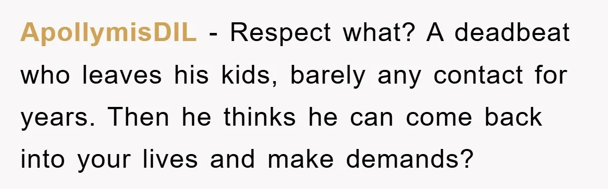 ApollymisDIL − Respect what? A deadbeat who leaves his kids, barely any contact for years. Then he thinks he can come back into your lives and make demands?