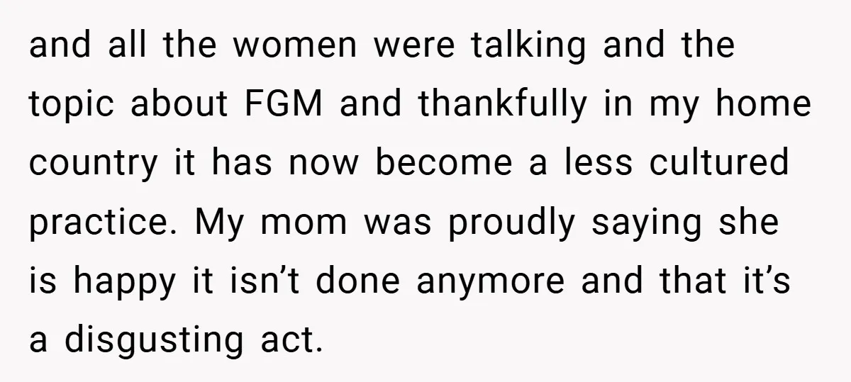 and all the women were talking and the topic about FGM and thankfully in my home country it has now become a less cultured practice. My mom was proudly saying...