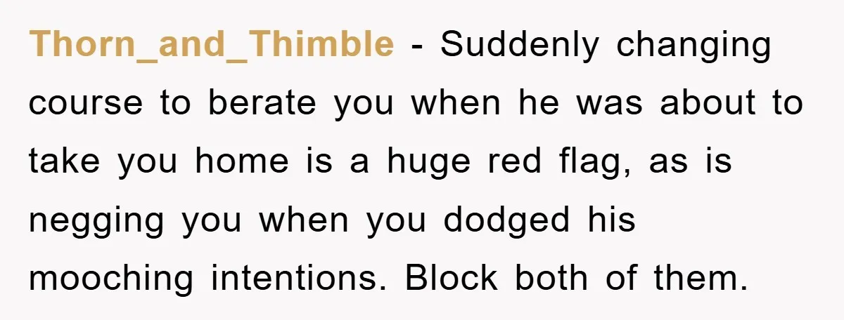 Thorn_and_Thimble − Suddenly changing course to berate you when he was about to take you home is a huge red flag, as is negging you when you dodged his mooching...