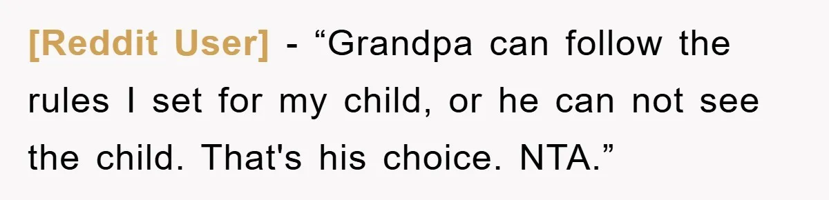 [Reddit User] - “Grandpa can follow the rules I set for my child, or he can not see the child. That's his choice. NTA.”