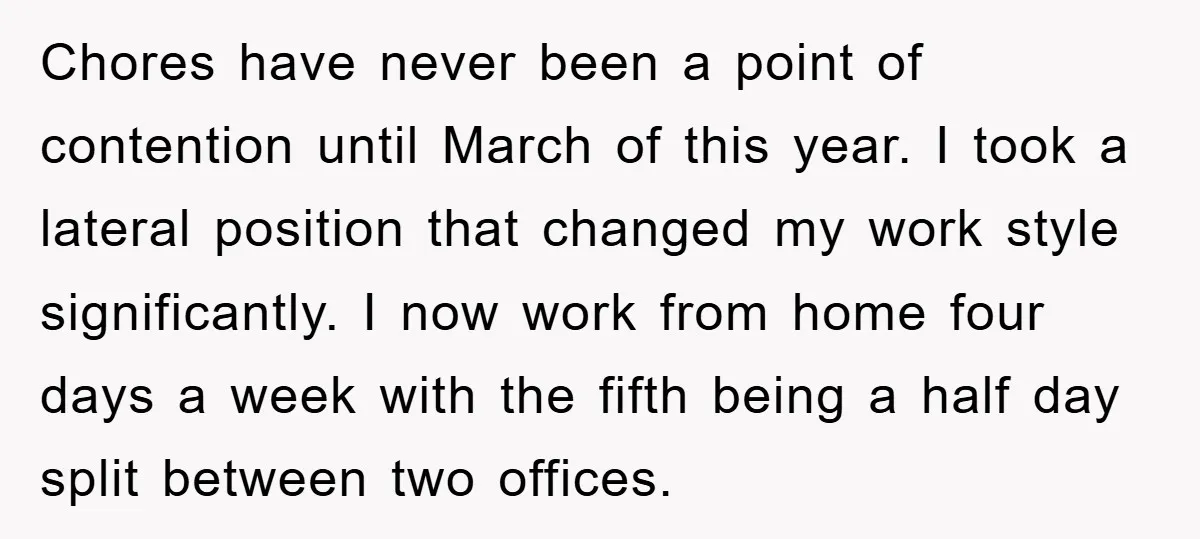 Chores have never been a point of contention until March of this year. I took a lateral position that changed my work style significantly. I now work from home four...