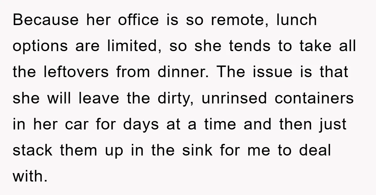 Because her office is so remote, lunch options are limited, so she tends to take all the leftovers from dinner. The issue is that she will leave the dirty, unrinsed...