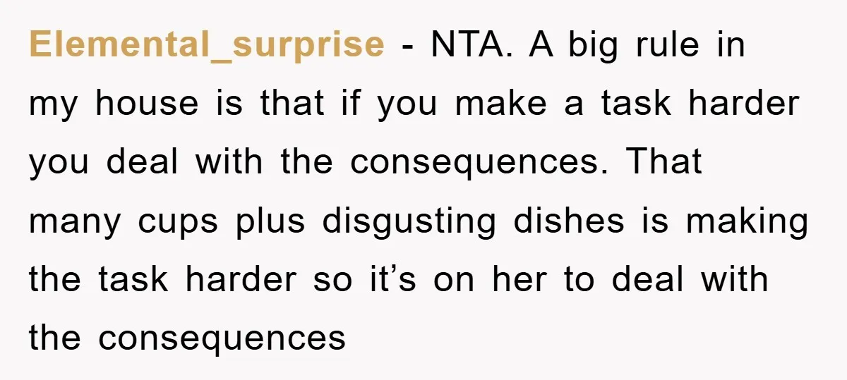 Elemental_surprise − NTA. A big rule in my house is that if you make a task harder you deal with the consequences. That many cups plus disgusting dishes is making...