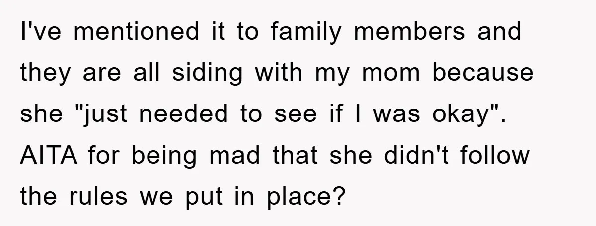 I've mentioned it to family members and they are all siding with my mom because she "just needed to see if I was okay". AITA for being mad that she...