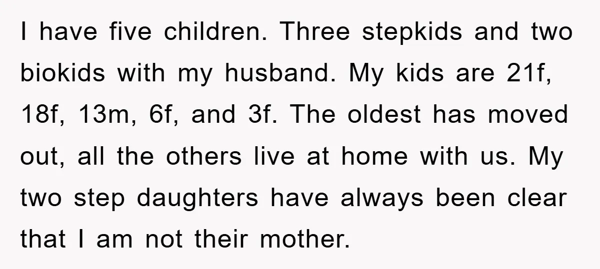 I have five children. Three stepkids and two biokids with my husband. My kids are 21f, 18f, 13m, 6f, and 3f. The oldest has moved out, all the others live...