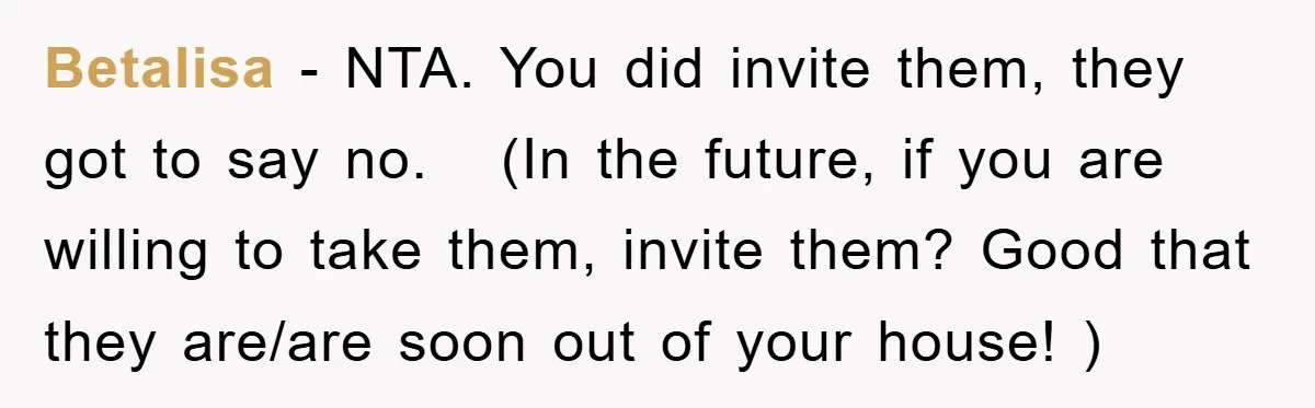 Betalisa − NTA. You did invite them, they got to say no. (In the future, if you are willing to take them, invite them? Good that they are/are soon out...