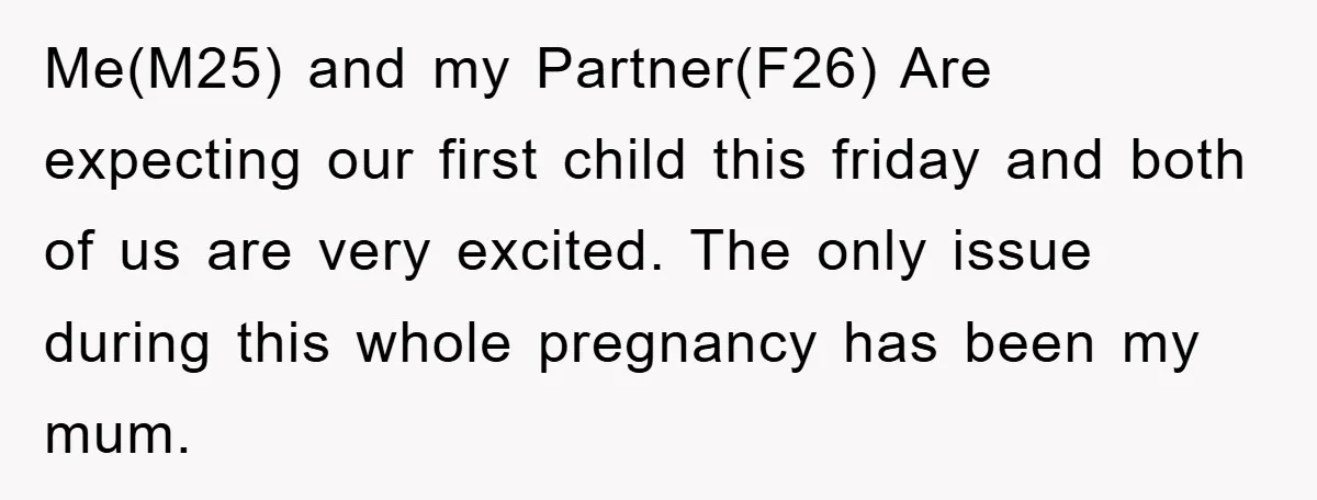 Me(M25) and my Partner(F26) Are expecting our first child this friday and both of us are very excited. The only issue during this whole pregnancy has been my mum.