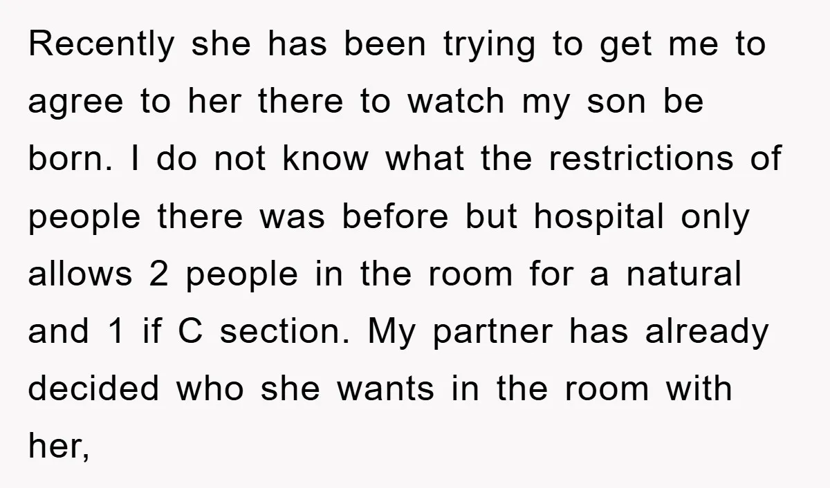 Recently she has been trying to get me to agree to her there to watch my son be born. I do not know what the restrictions of people there was...