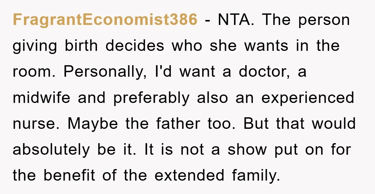 FragrantEconomist386 − NTA. The person giving birth decides who she wants in the room. Personally, I'd want a doctor, a midwife and preferably also an experienced nurse. Maybe the father...