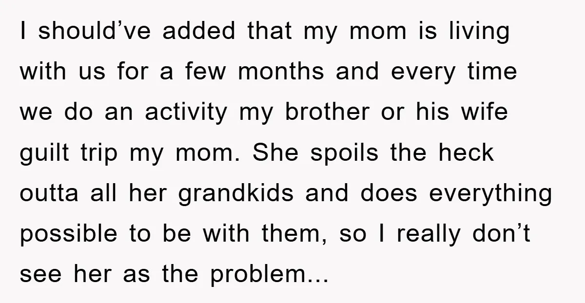 I should’ve added that my mom is living with us for a few months and every time we do an activity my brother or his wife guilt trip my mom....